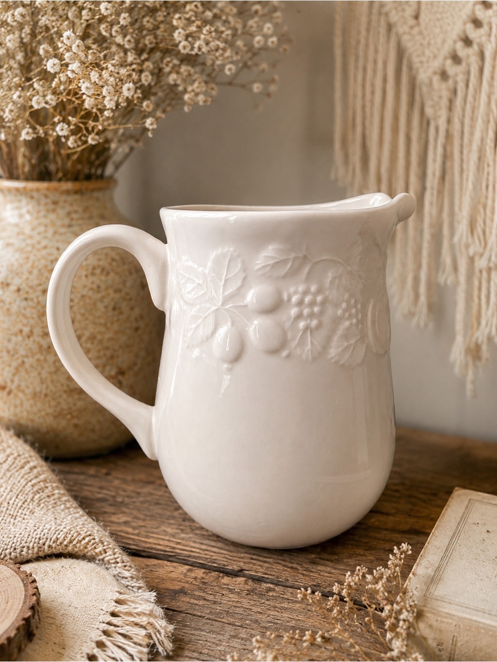 Gibson China Houseware Pitcher White Ceramic Embossed Fruit Pattern Farmhouse